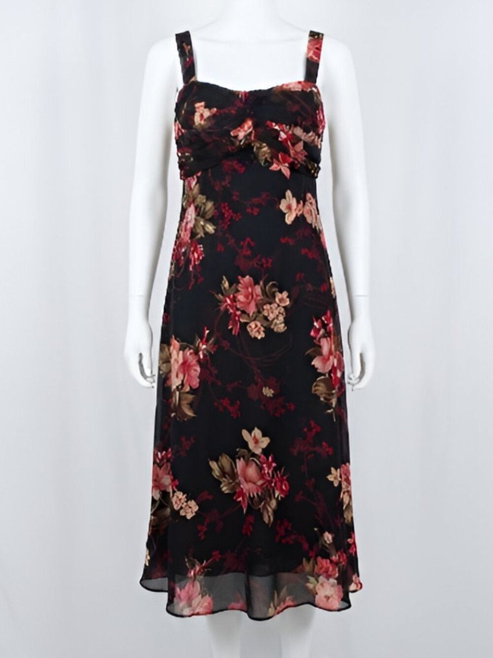 Madison Leigh Floral Midi Sundress Coral Pink Black V-Neck Sleeveless Size 12